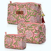 Block Print Cotton Quilted Toiletry Bag - Strawberry Pink