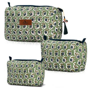 Block Print Cotton Quilted Toiletry Bag - Basil Green