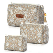 Block Print Cotton Quilted Toiletry Bag - Taupe