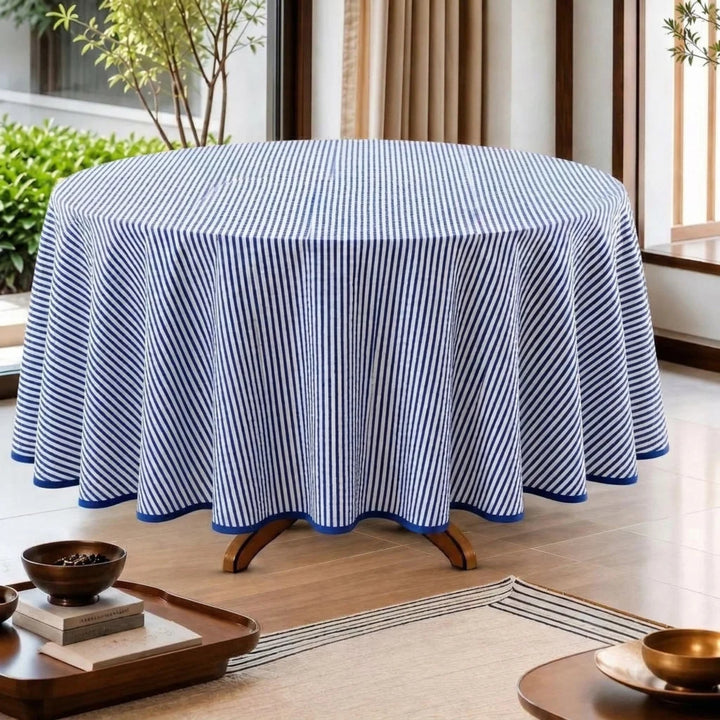Navy Blue Stripe With Blue Scallop Pipping Round Tablecloth