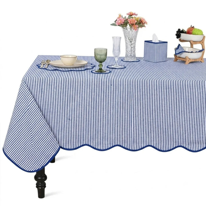 Block Print Cotton Scallop Tablecloth - Navy Blue Stripe