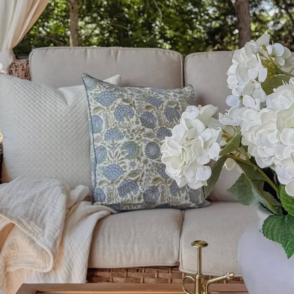 100% Cotton Handmade Ruffle Pillow Covers | Block Printed - Indigo Floral
