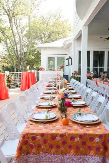 Ridhi block-printed tablecloth on a styled table