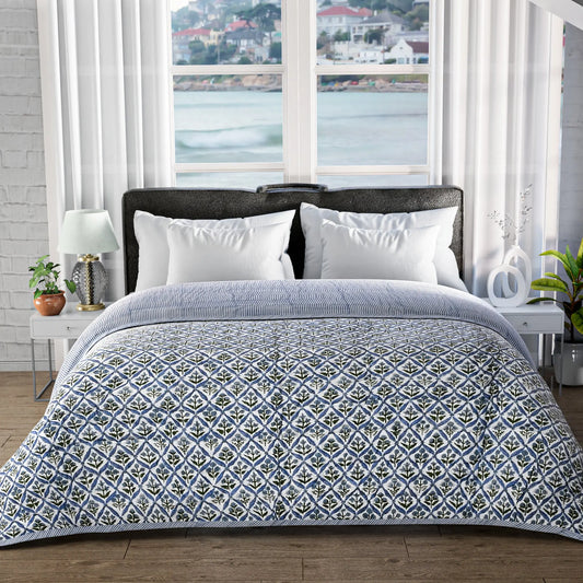 Light Steel Blue Quilt Ridhi Block Print