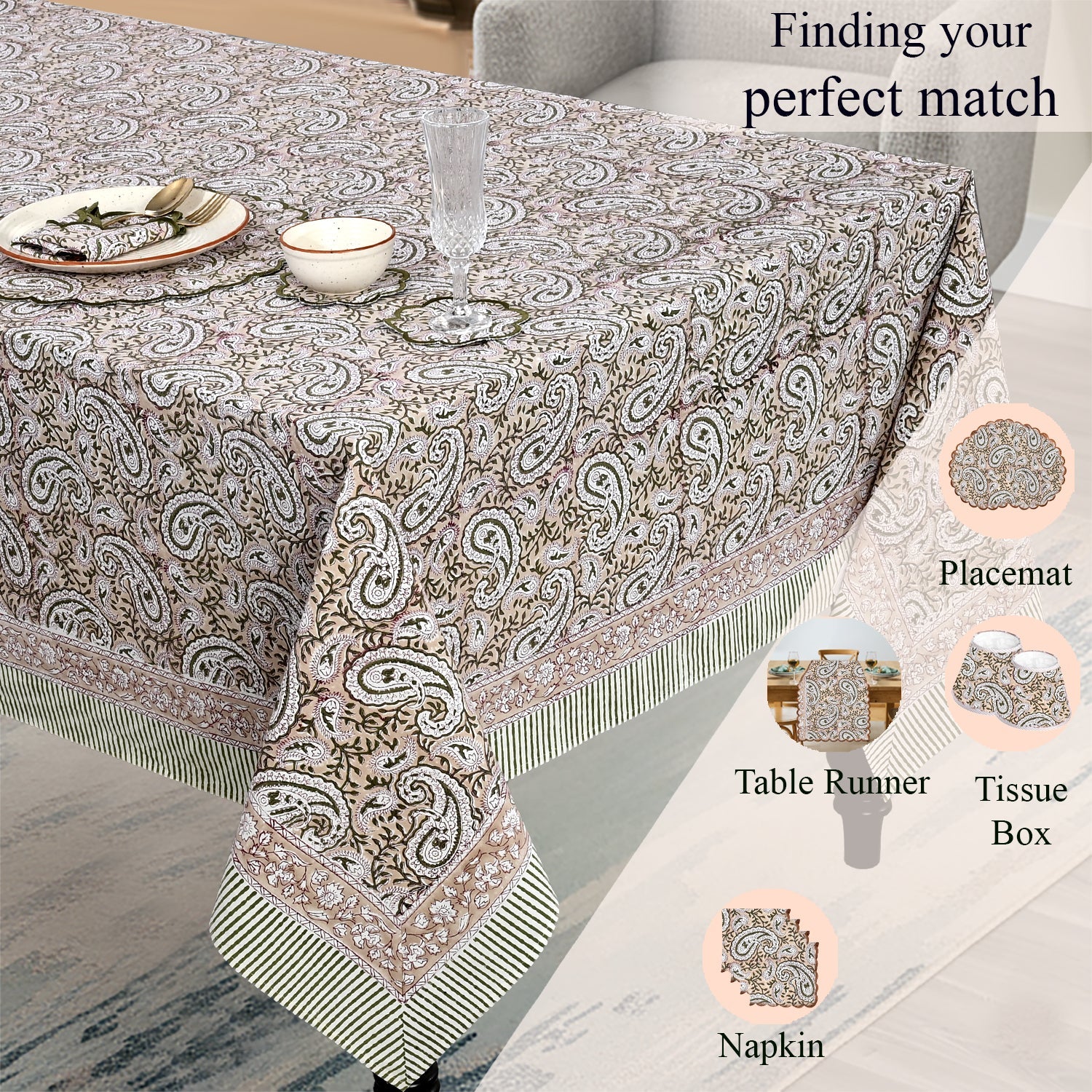Royal Beige Rectangle Tablecloth Ridhi Block Print