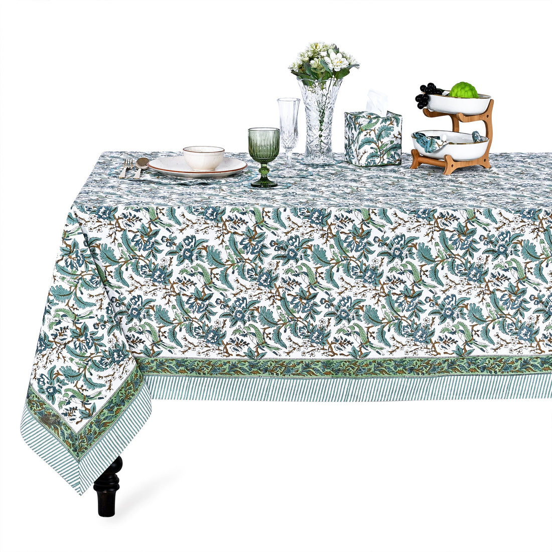 Sage and Russian Green Square & Rectangle Tablecloth Ridhi Block Print