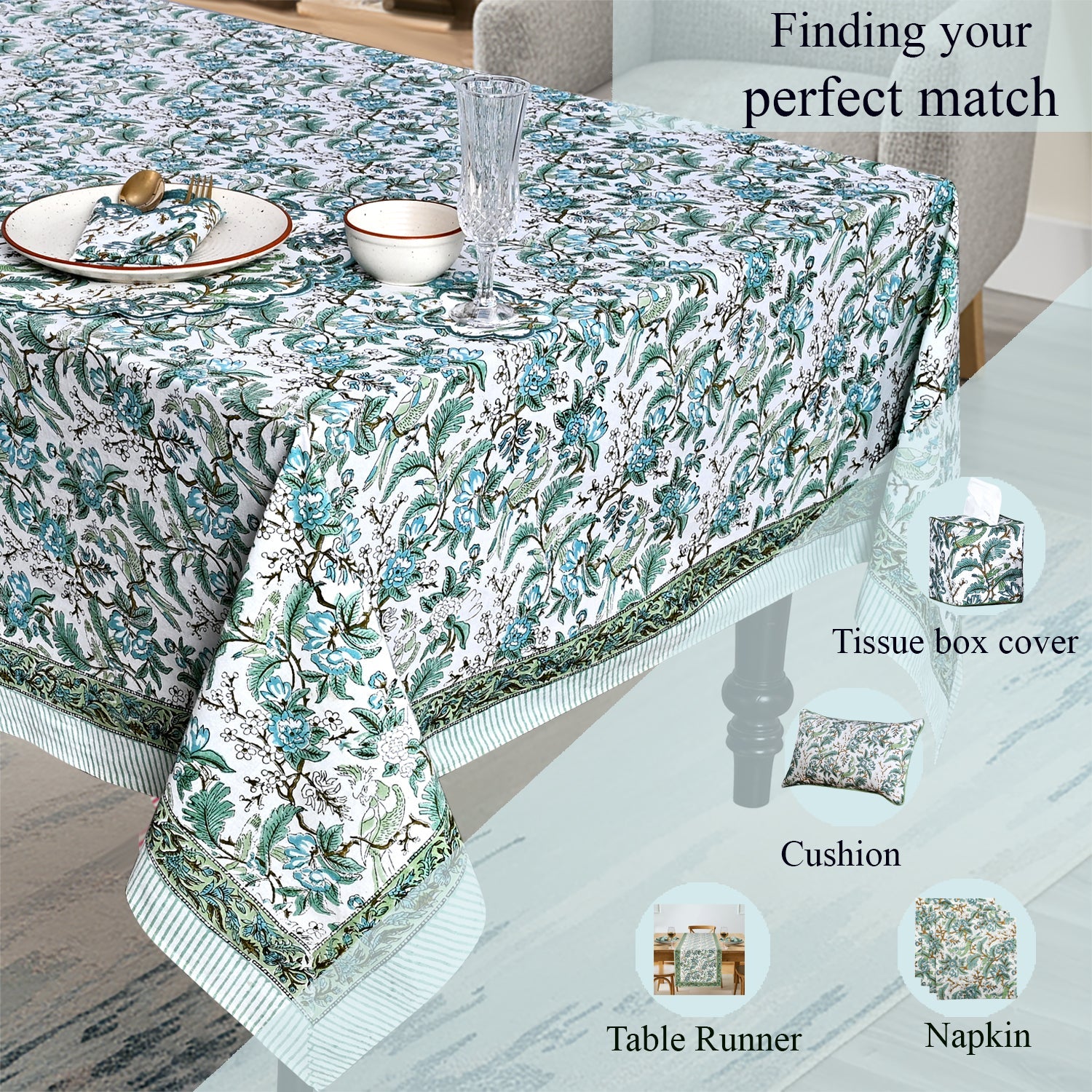 Sage and Russian Green Rectangle Tablecloth Ridhi Block Print