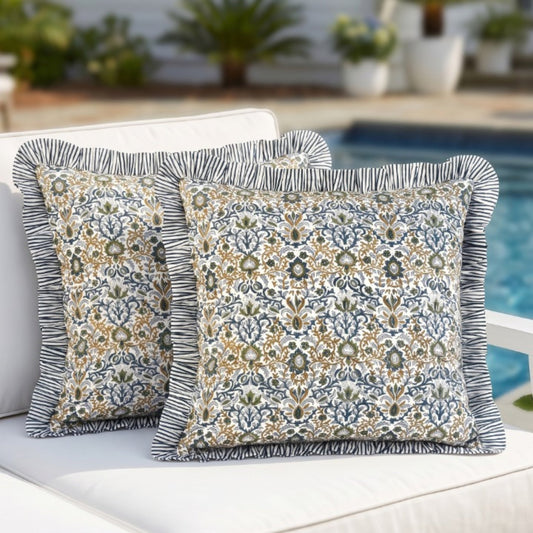 Indigo Floral Ruffle Pillow Cover Ridhi Block Print