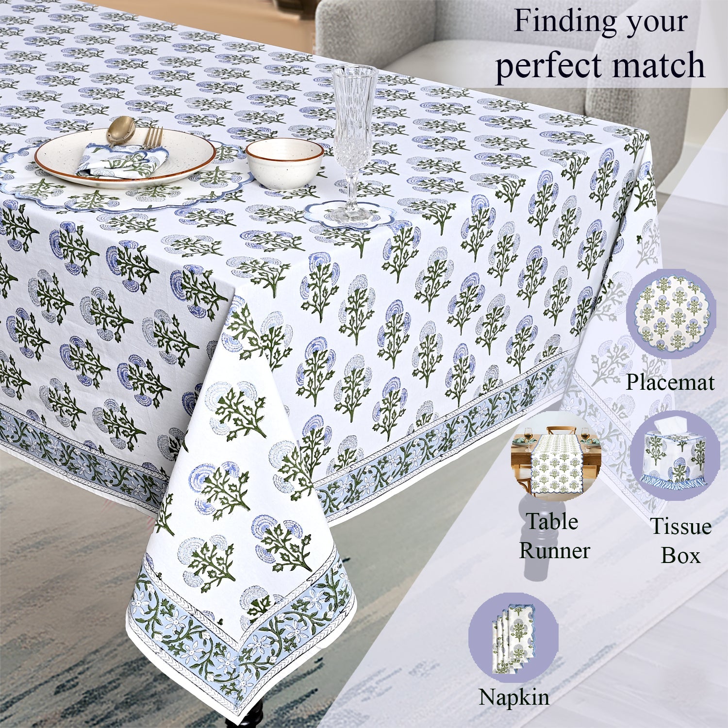 Mughal Buta Blue Rectangle Tablecloth Ridhi Block Print