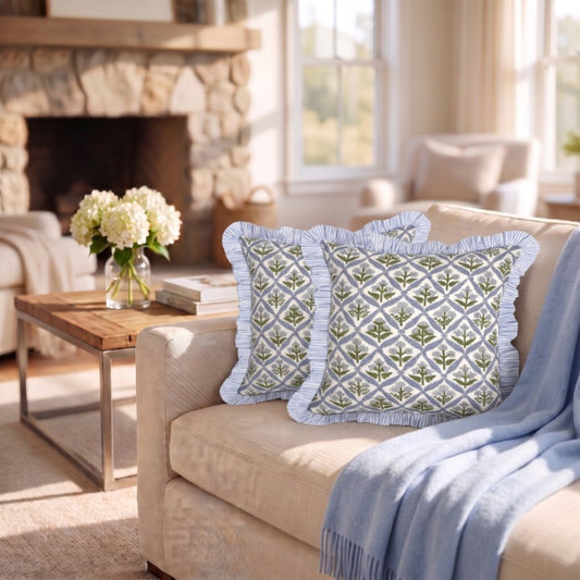Light Steel Blue Ruffle Pillow Cover Ridhi Block Print
