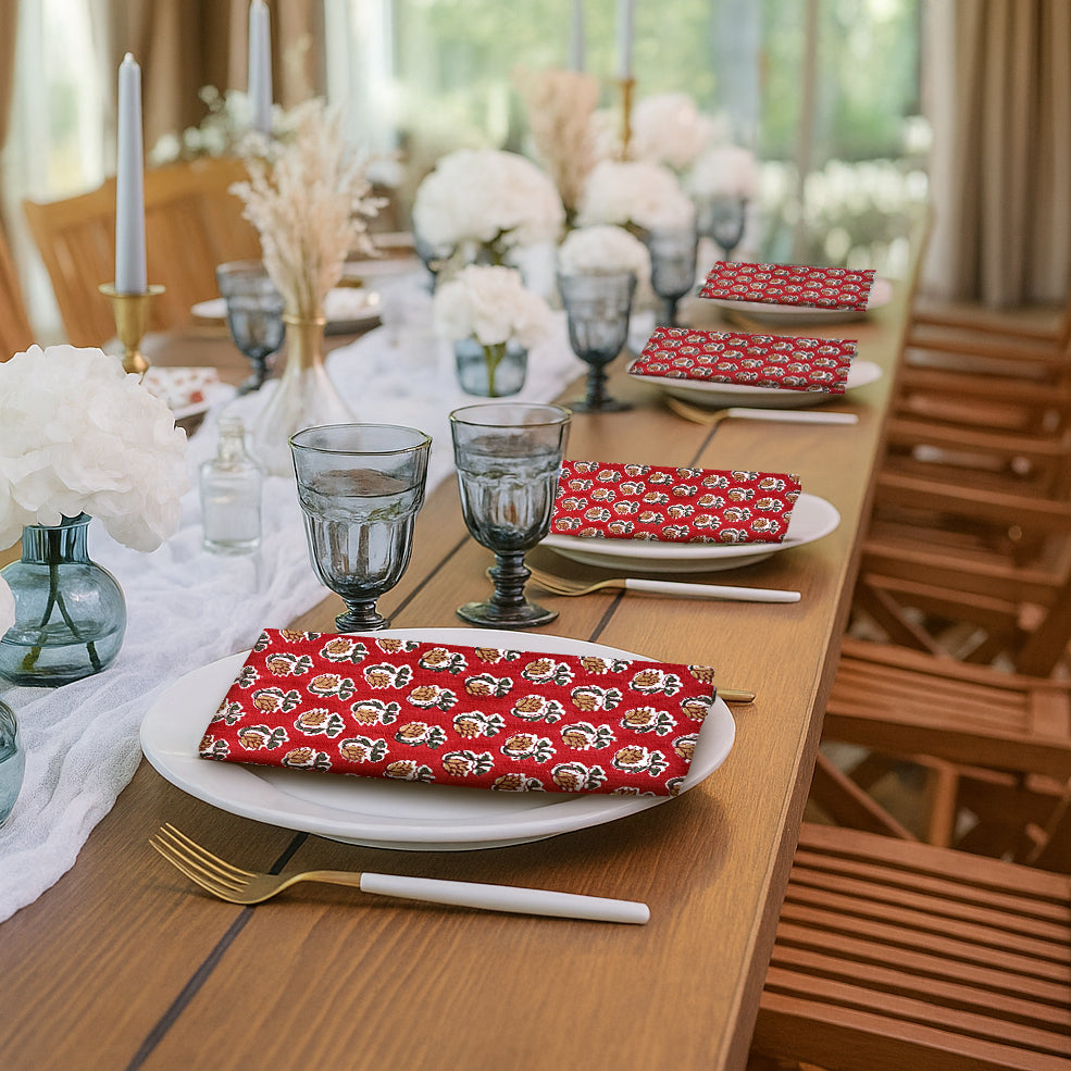 Chocolate Cosmos Red Border Napkins Ridhi Block Print