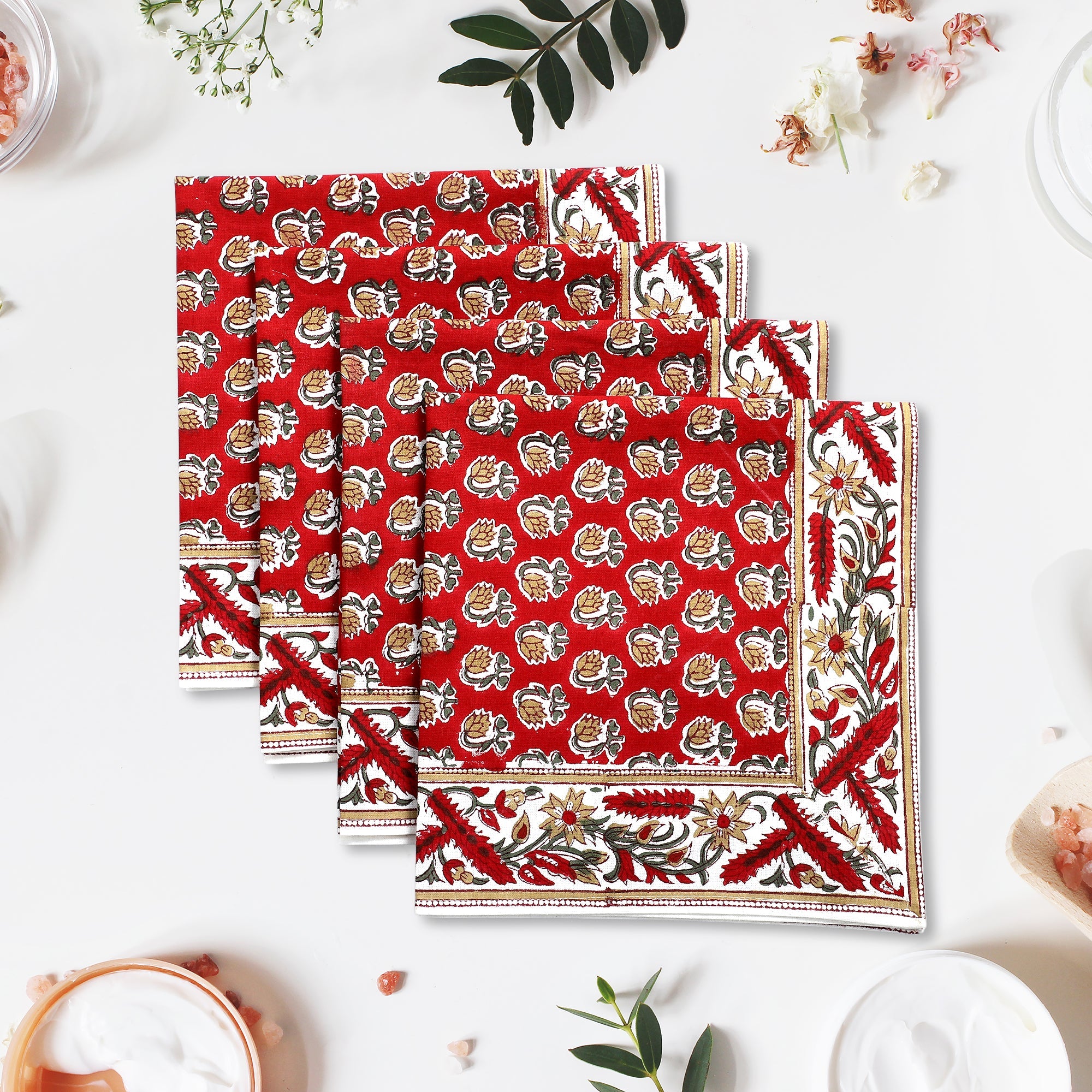 Chocolate Cosmos Red Border Napkins Ridhi Block Print