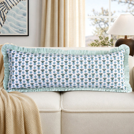 Aquamarine Blue Bed Pillow Cover Ridhi Block Print