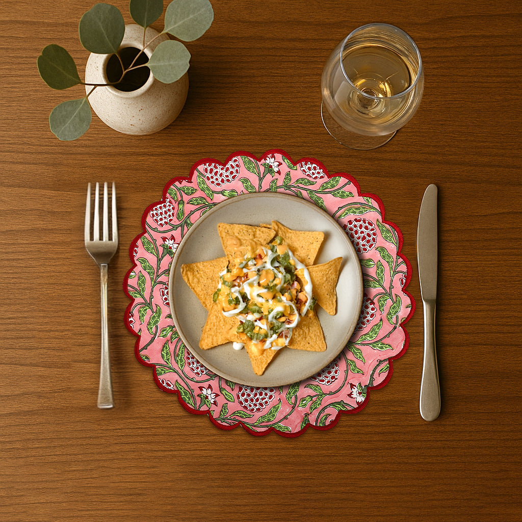 Strawberry Pink Round Placemat Ridhi Block Print