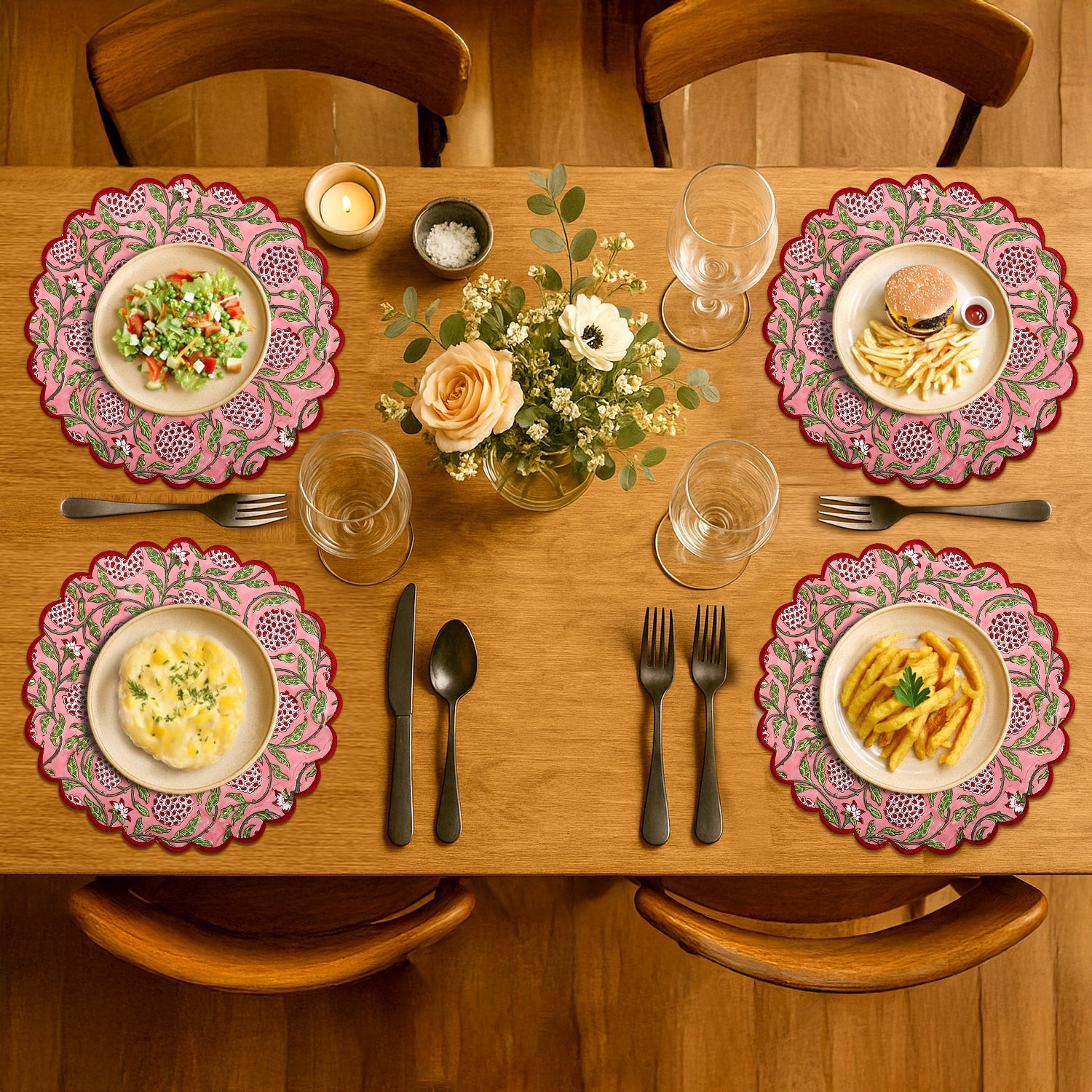 Strawberry Pink Round Placemat Ridhi Block Print