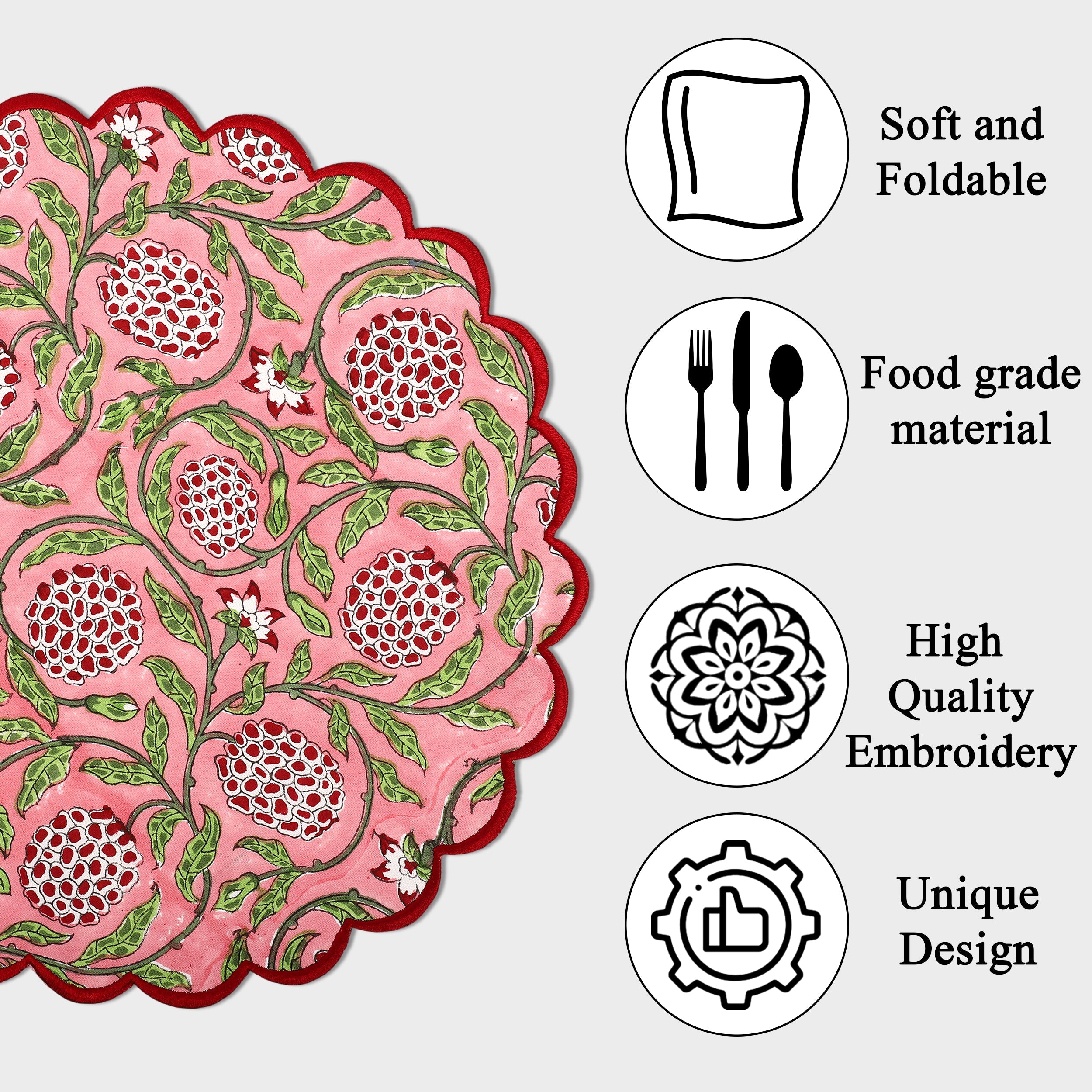 Strawberry Pink Round Placemat Ridhi Block Print