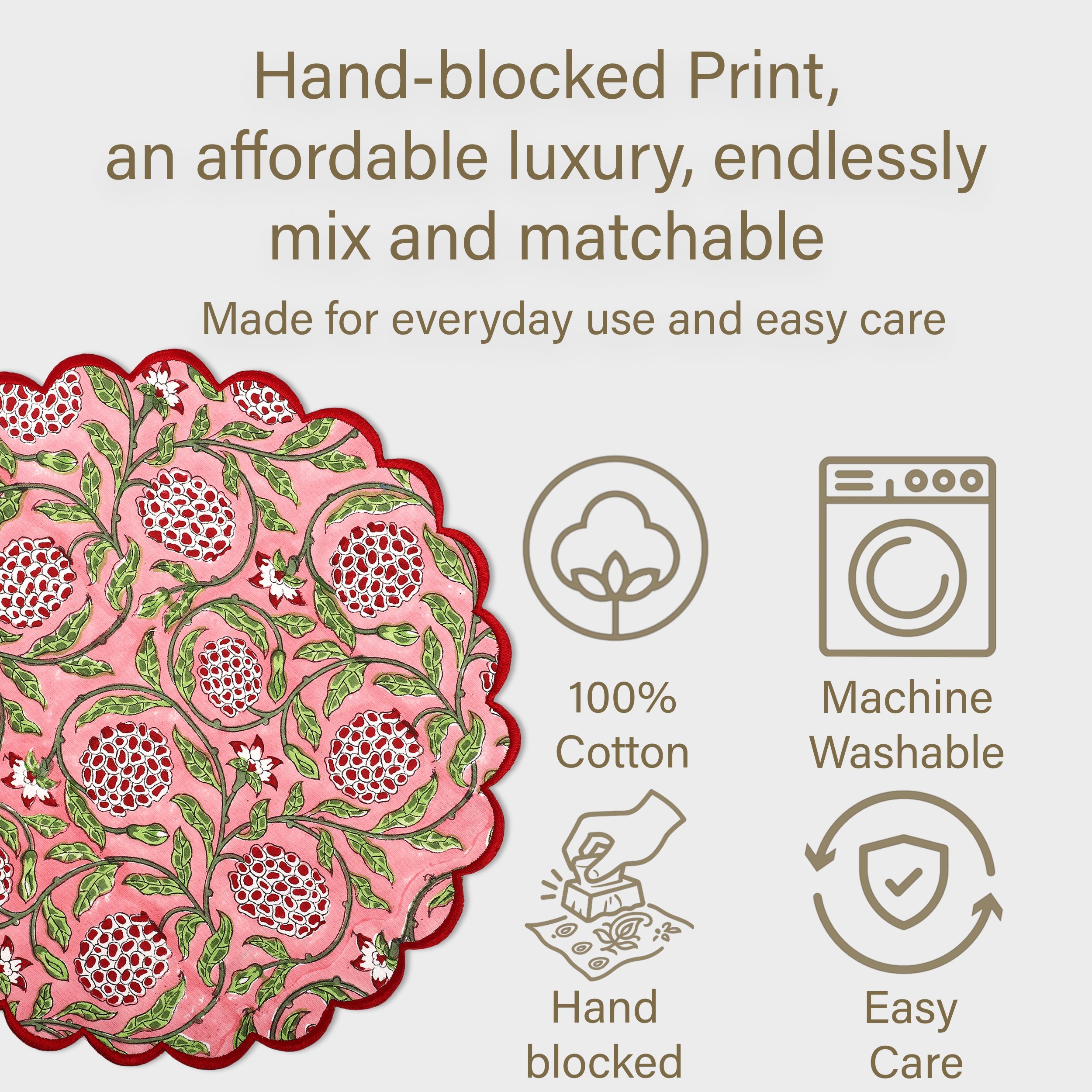Strawberry Pink Round Placemat Ridhi Block Print