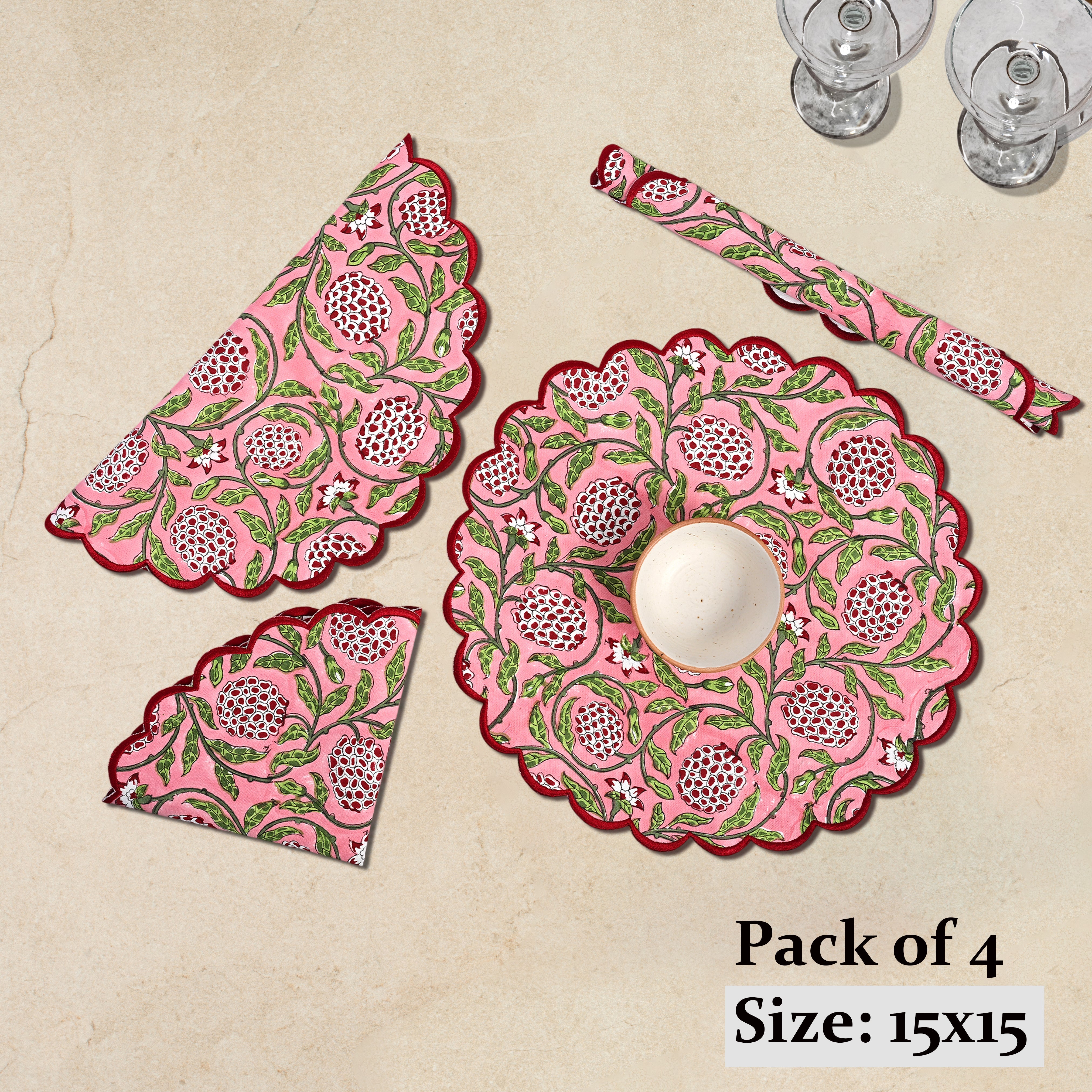 Strawberry Pink Round Placemat Ridhi Block Print