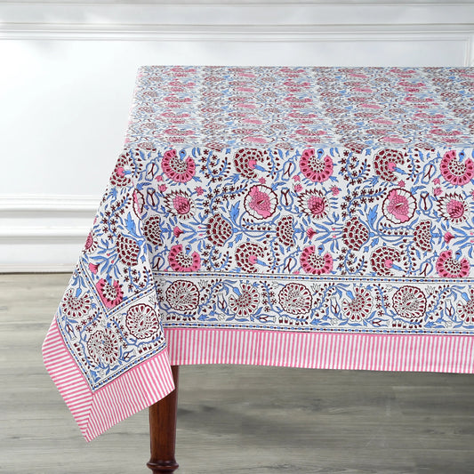 Pigeon Blue and Flamingo Pink Rectangle Tablecloth - Ridhi Block Print