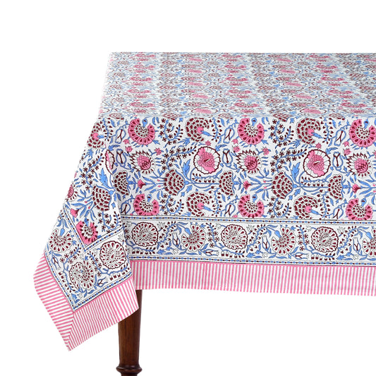 Pigeon Blue and Flamingo Pink Rectangle Tablecloth - Ridhi Block Print