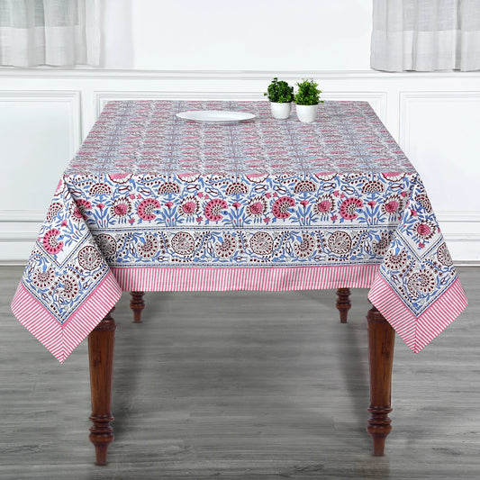 Pigeon Blue and Flamingo Pink Rectangle Tablecloth - Ridhi Block Print
