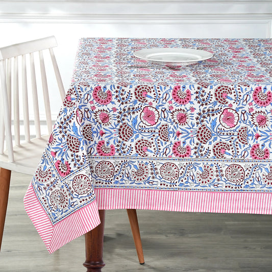 Pigeon Blue and Flamingo Pink Rectangle Tablecloth - Ridhi Block Print