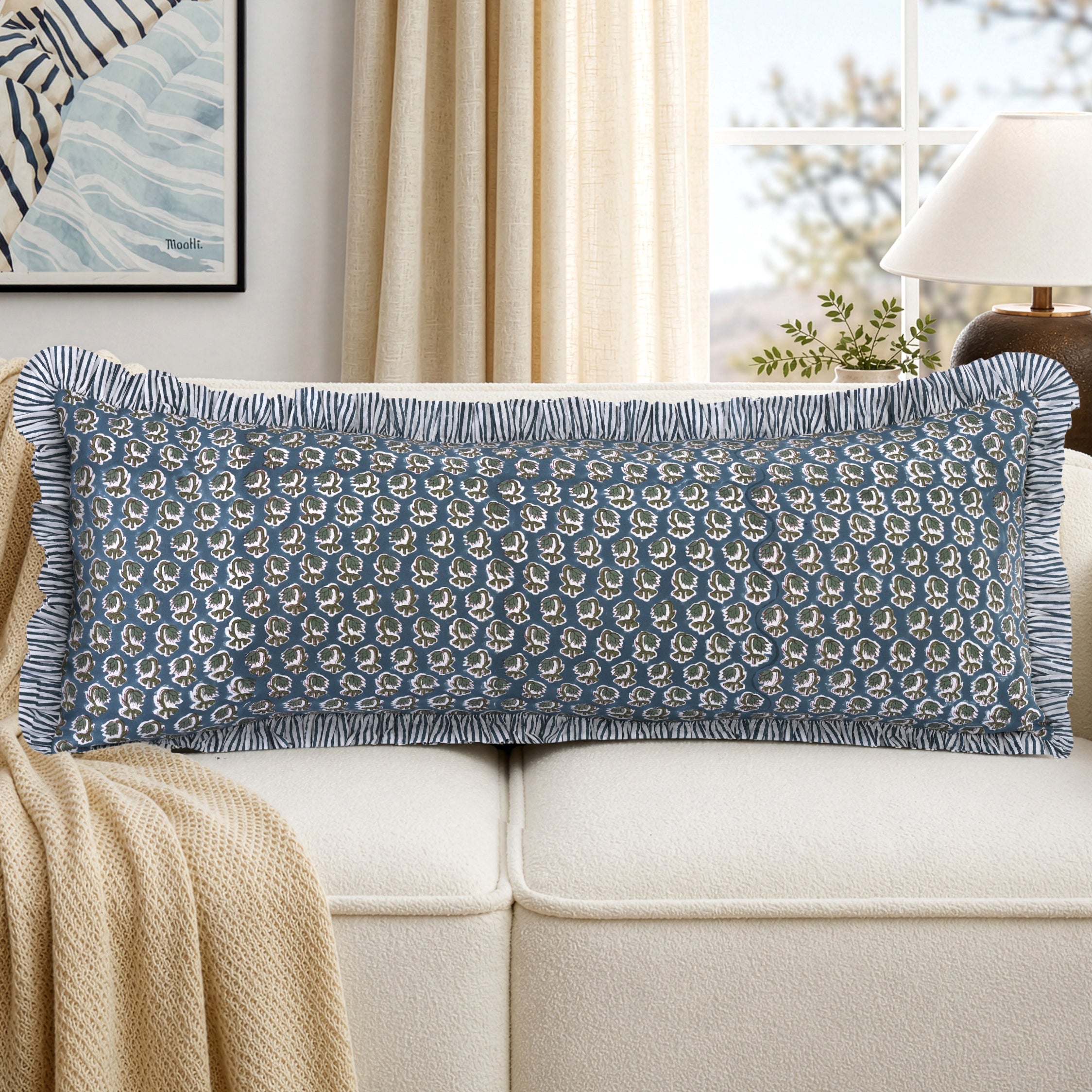 Peacock Blue Bed Pillow Cover Ridhi Block Print