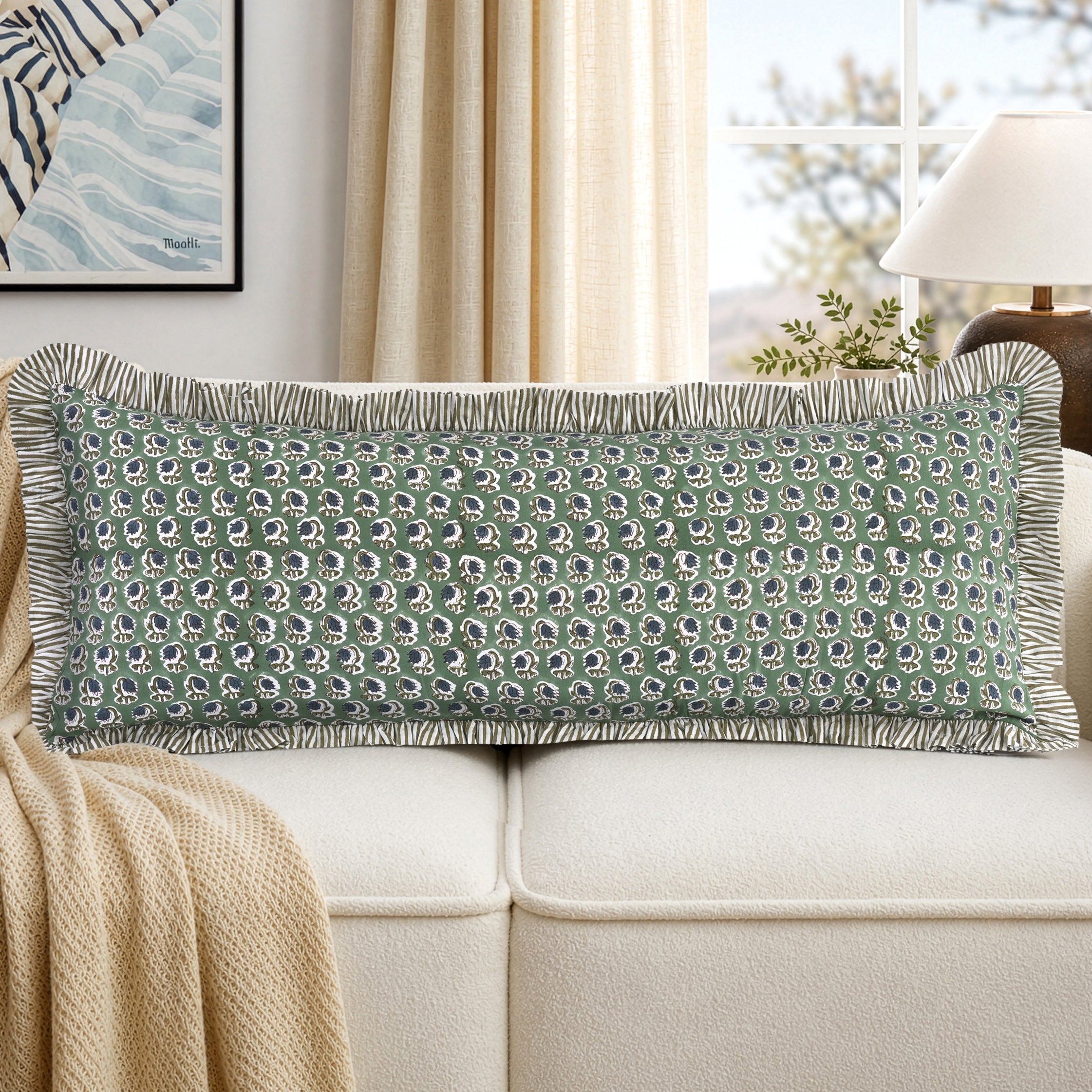 Basil Green Bed Pillow Cover Ridhi Block Print