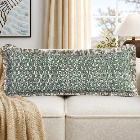 Basil Green Bed Pillow Cover Ridhi Block Print