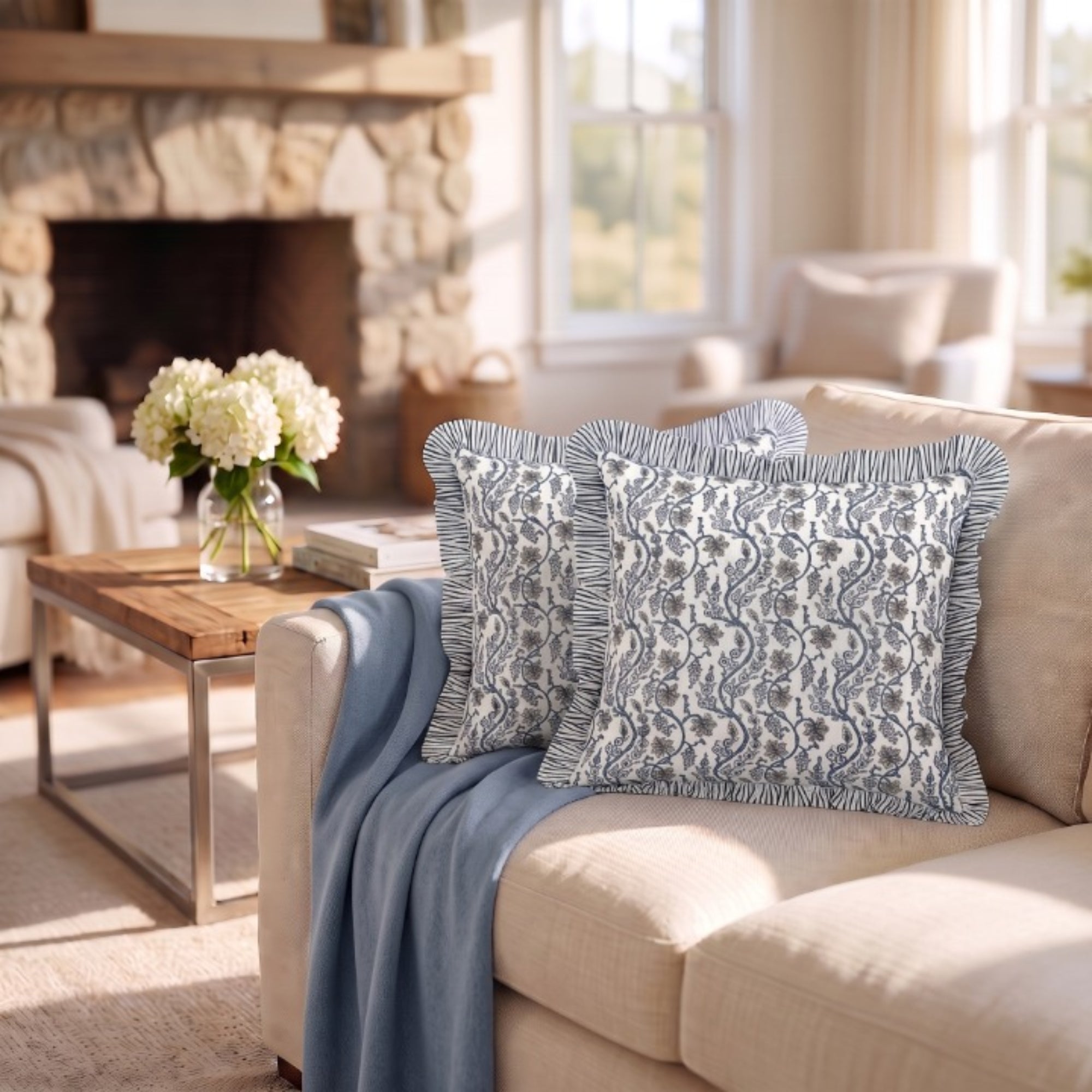 Baby Blue Eyes Ruffle Pillow Cover Ridhi Block Print