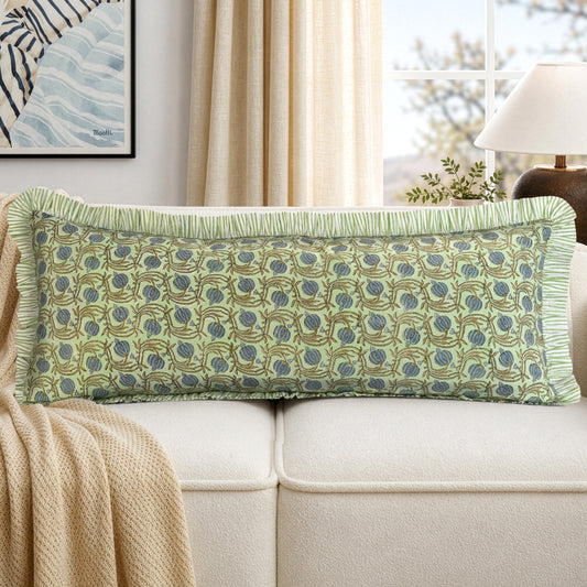 Hand Block Print Cotton Throw Pillow Cover - Apple Green Floral RIDHI