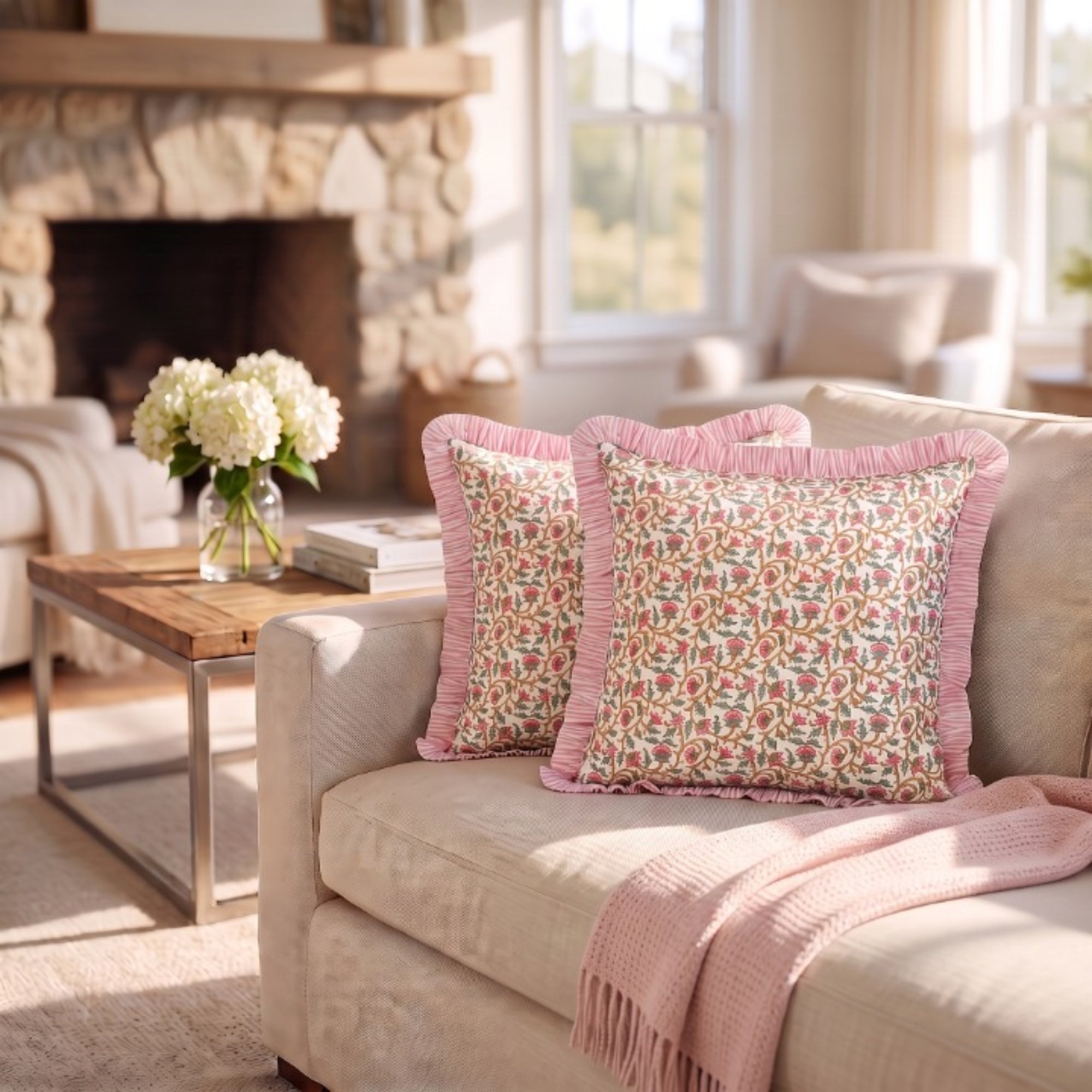 Rose Pink Floral Vine Ruffle Pillow Cover RIDHI