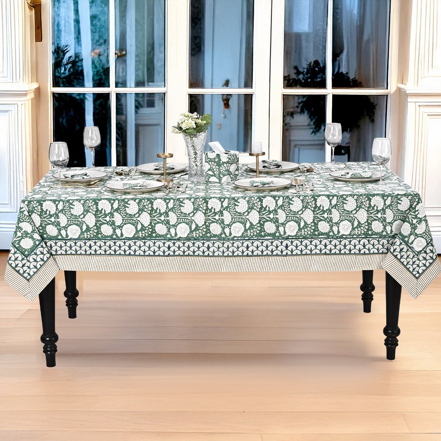 Turquoise Moss Green Rectangle Tablecloth Ridhi Block Print