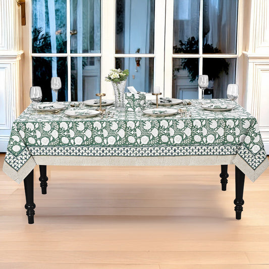 Turquoise Moss Green Rectangle Tablecloth Ridhi Block Print