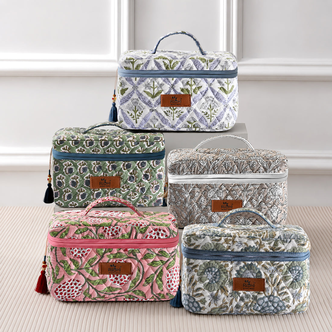 Asparagus Green Block Print Quilted Cosmetic Bag