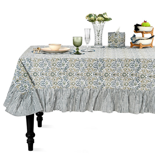 Ruffle Rectangle & Square Tablecloth - Indigo Floral Ridhi Block Print