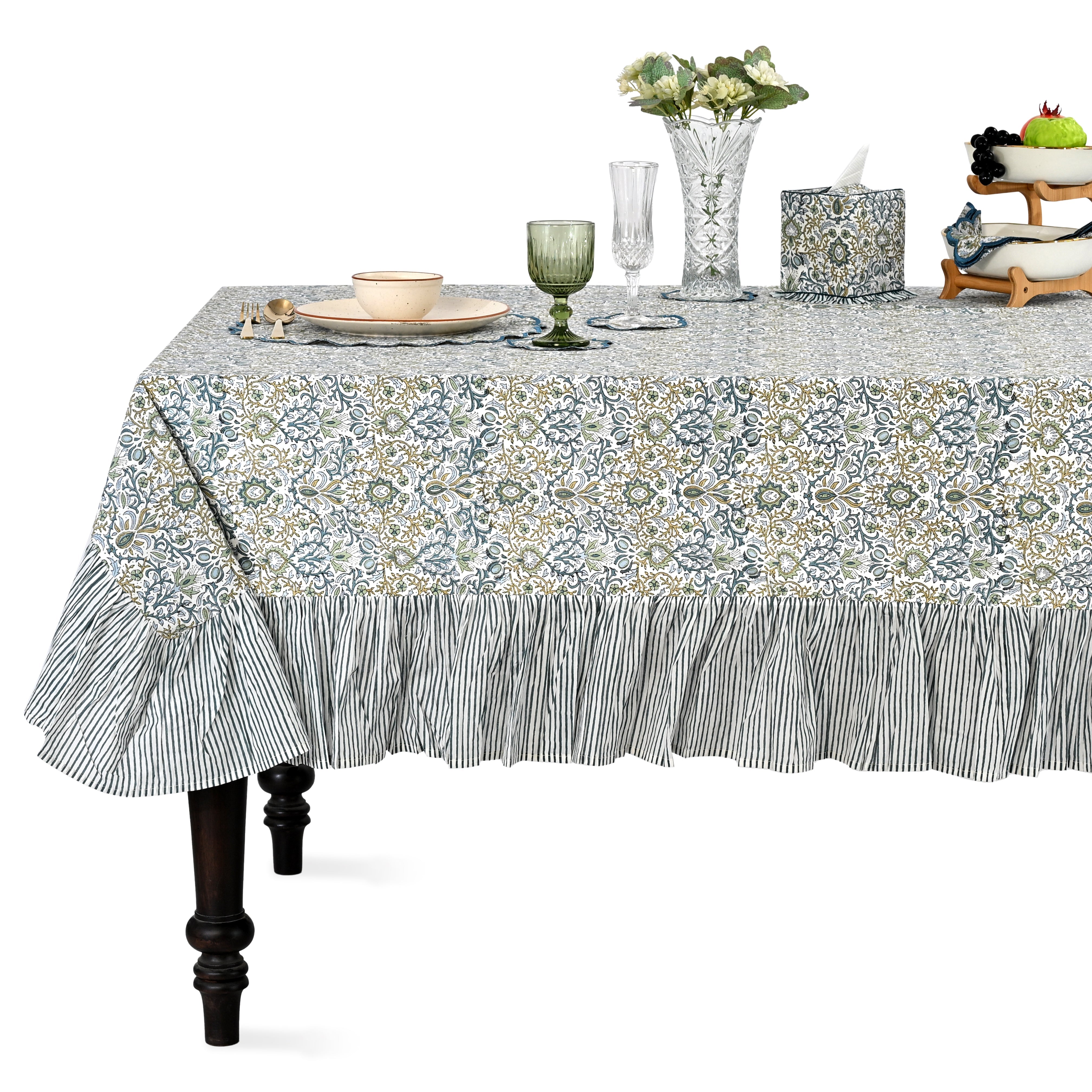 Ruffle Rectangle & Square Tablecloth - Indigo Floral Ridhi Block Print