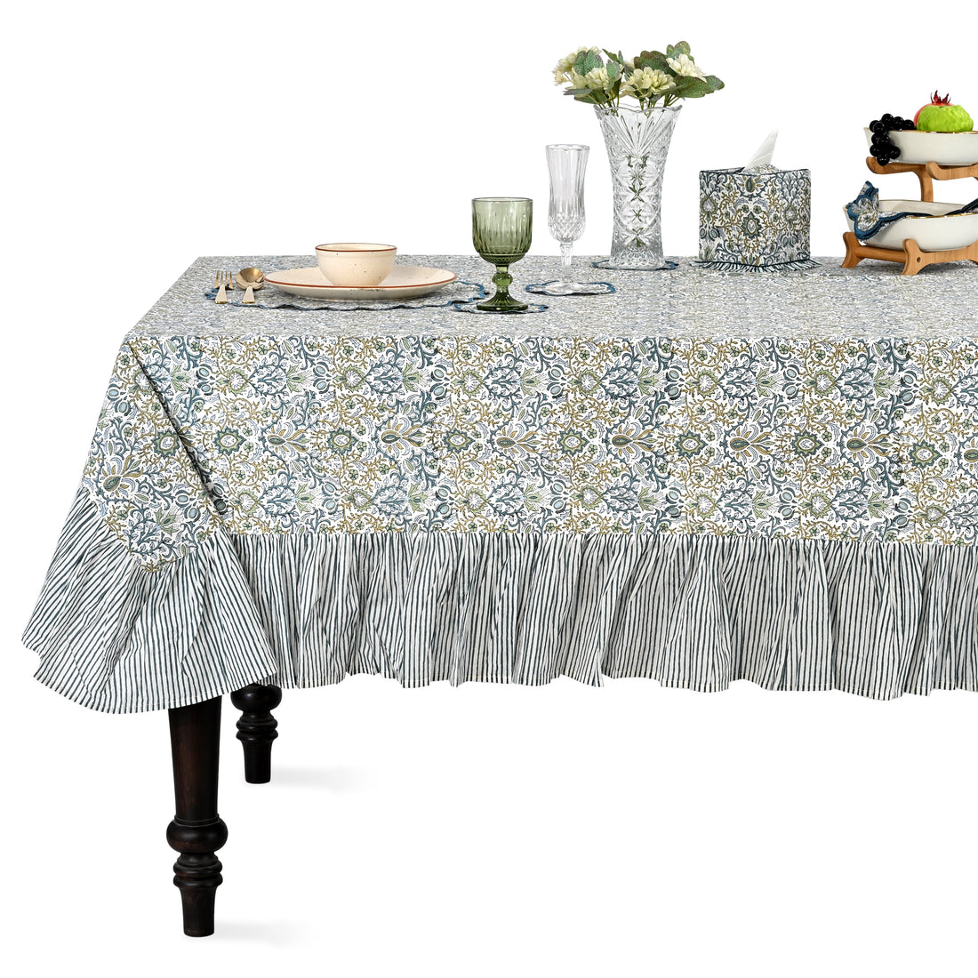 Ruffle Rectangle & Square Tablecloth - Indigo Floral Ridhi Block Print