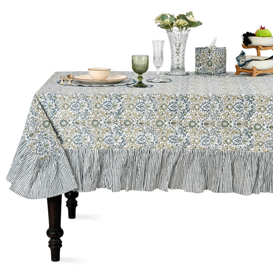 Ruffle Rectangle & Square Tablecloth - Indigo Floral Ridhi Block Print