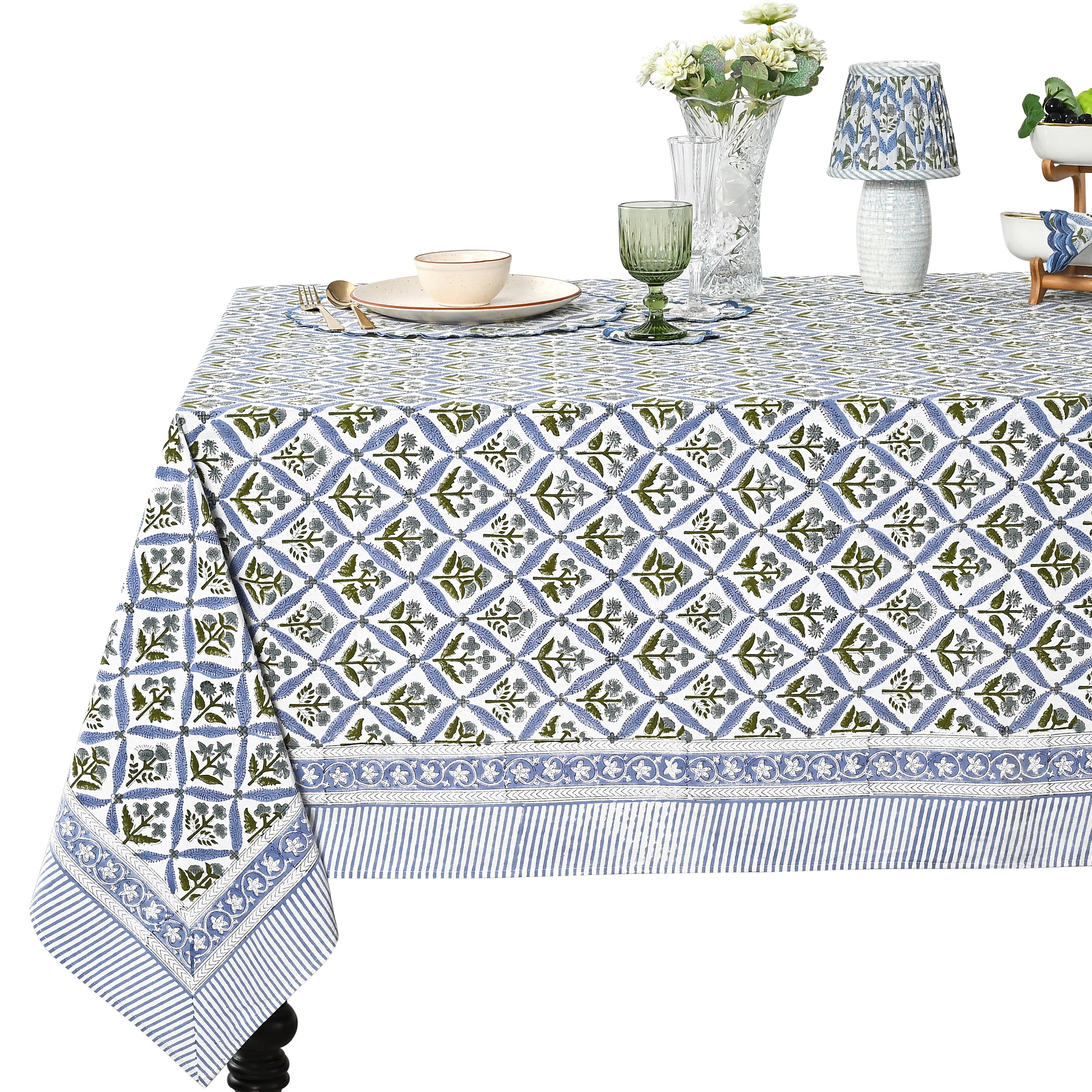 Light Steel Blue Square & Rectangle Tablecloths Ridhi Block Print