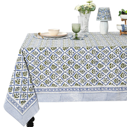 Light Steel Blue Square & Rectangle Tablecloths Ridhi Block Print