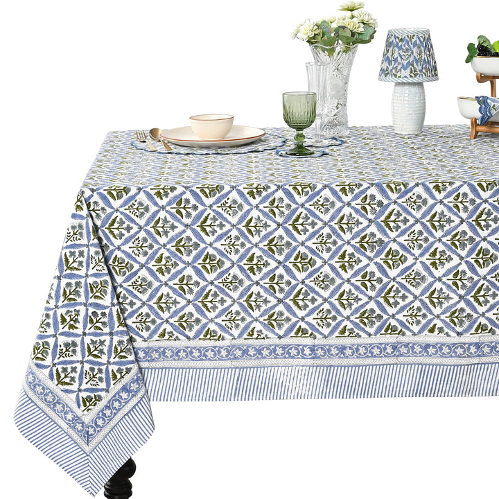 Light Steel Blue Square & Rectangle Tablecloths Ridhi Block Print