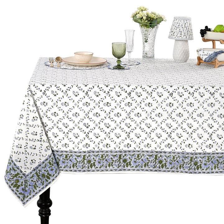 Powder Blue Square & Rectangle Tablecloth Ridhi Block Print
