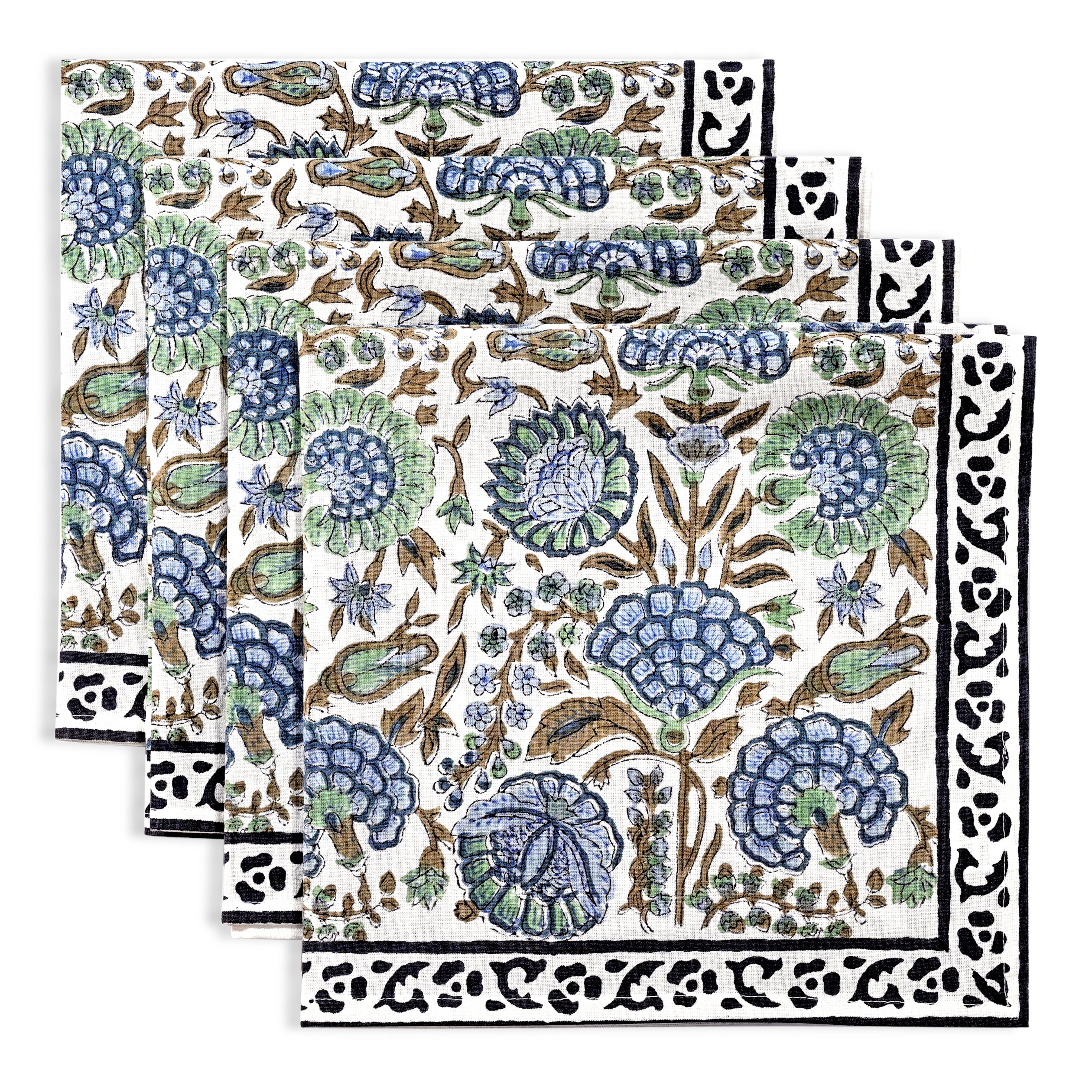 Asparagus Green Border Napkins Ridhi Block Print