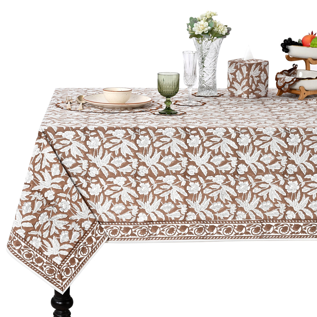 Oak Brown Square & Rectangle Tablecloth Ridhi Block Print