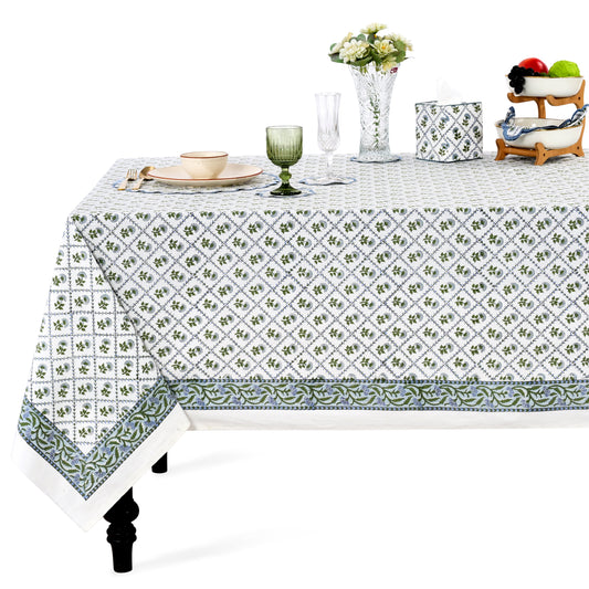 Indian Light Blue Rectangle Tablecloth Ridhi Block Print