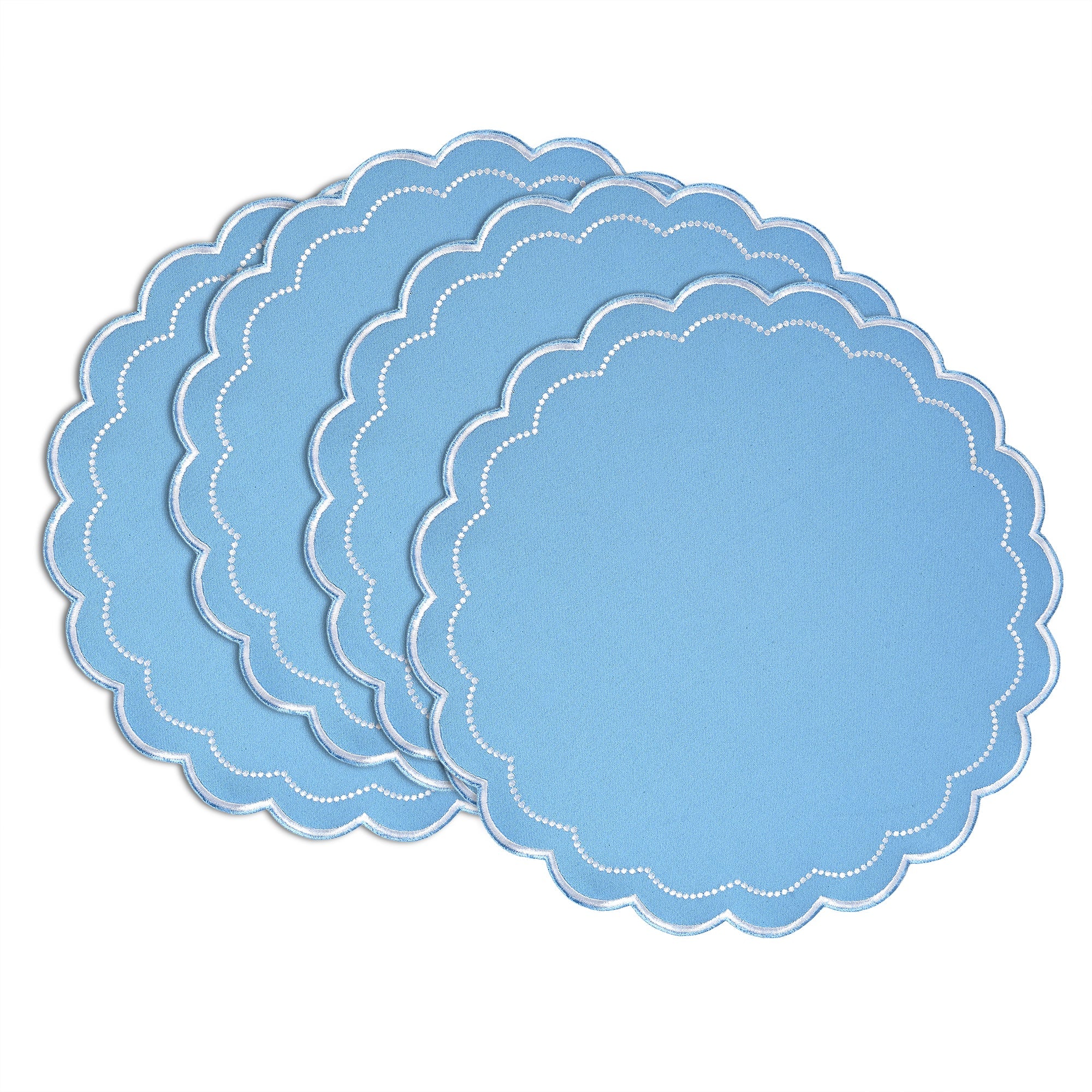 Sky Blue Scalloped Embroidery Round Placemat Ridhi Block Print