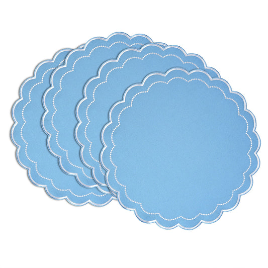 Sky Blue Scalloped Embroidery Round Placemat Ridhi Block Print