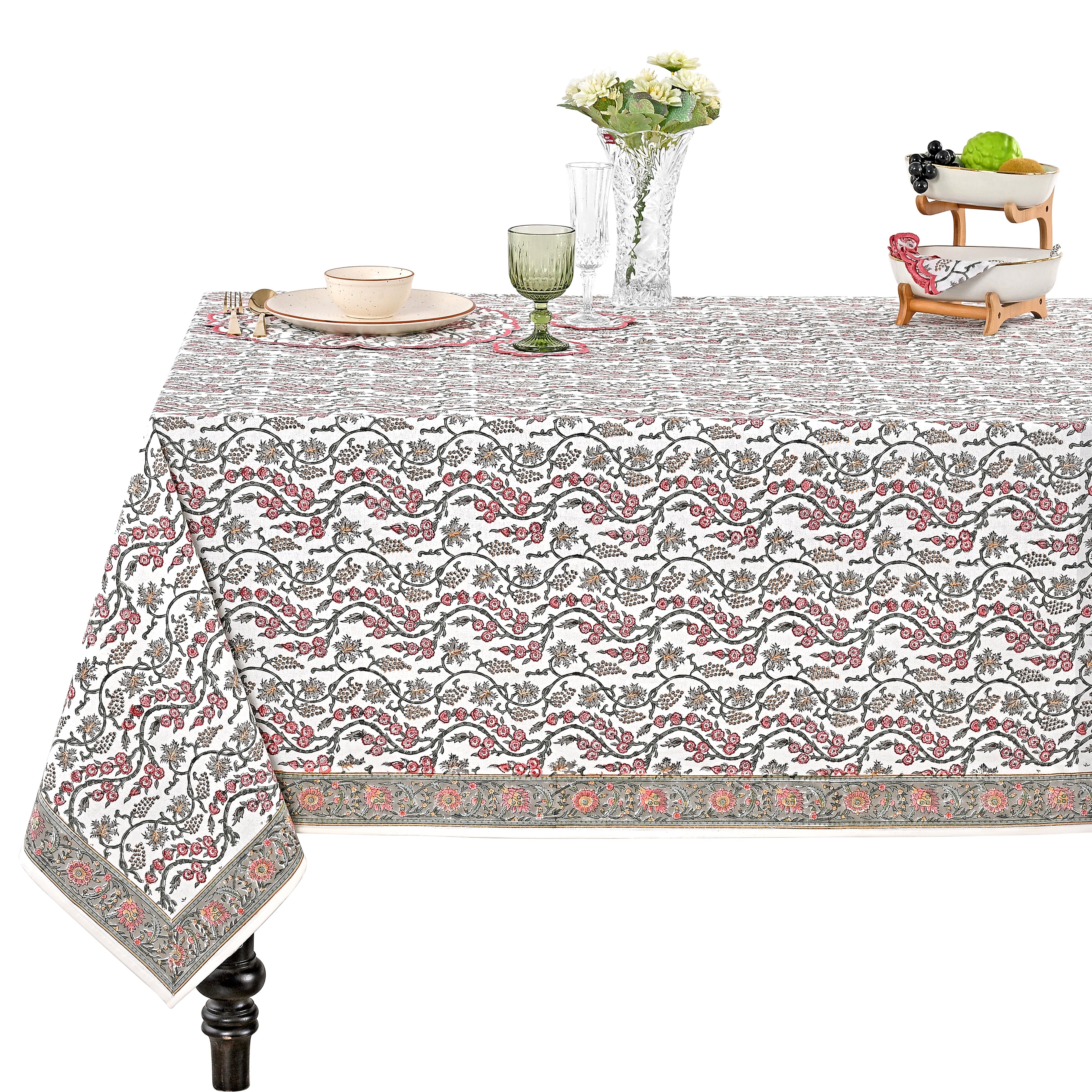Coral Pink Rectangle Tablecloth Ridhi Block Print