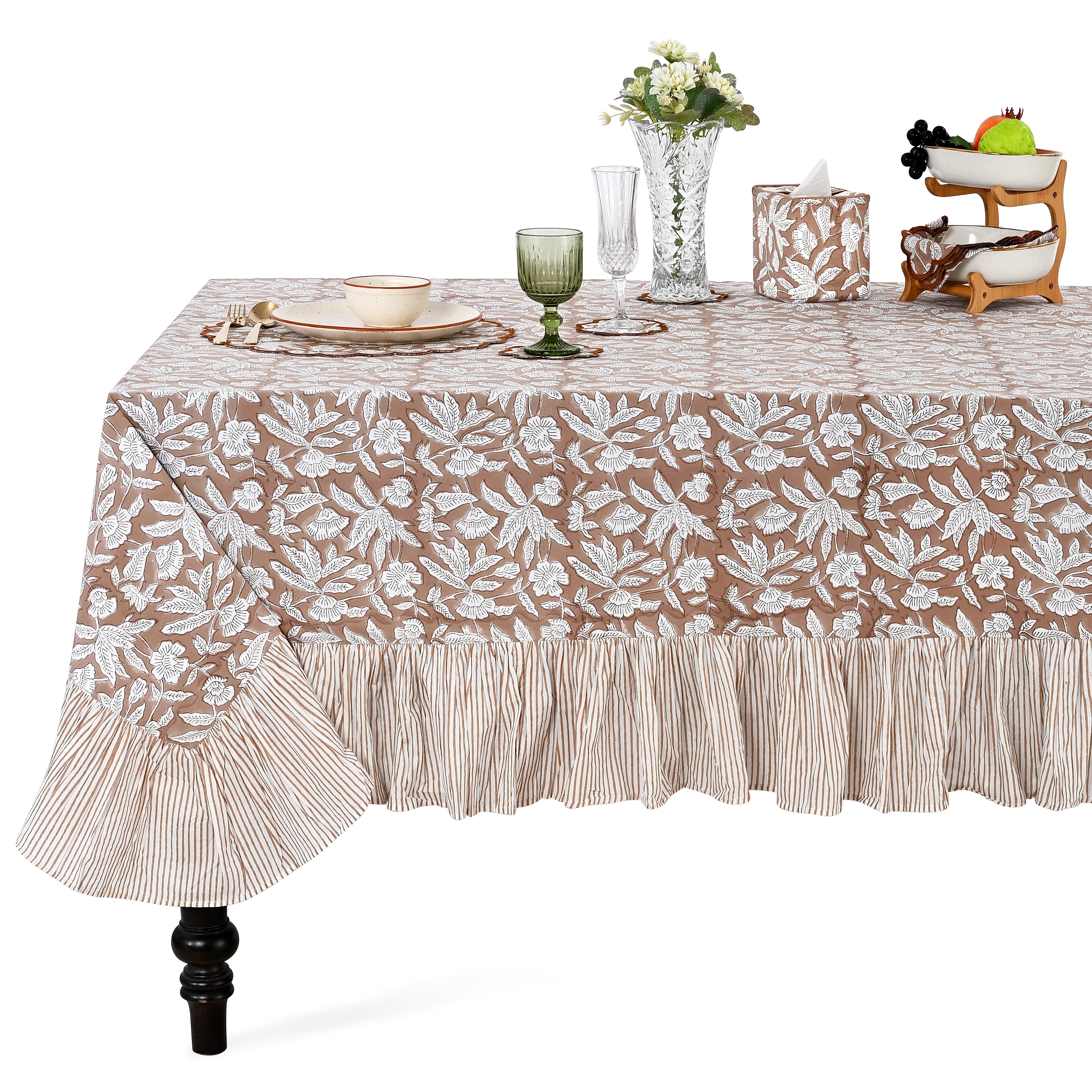 Ruffle Rectangle & Square Tablecloth - Oak Brown Ridhi Block Print